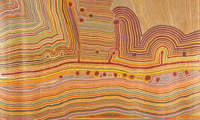 Martumili Ngurra, 2009 by Kumpaya Girgaba, Jakayu Biljabu, Ngamaru Bidu, Thelma Judson, Ngalangka Nola Taylor and Jane Girgaba, Martumili Artists, Parnngurr, Western Australia. [Image courtesy of the National Museum of Australia.]